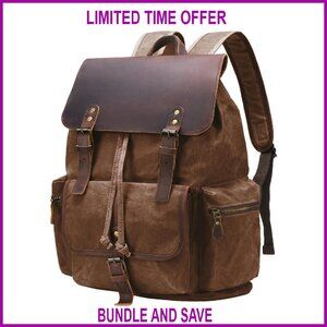 Vintage Waxed Canvas Backpack with Leather 17" Laptop Sleeve Travel Daypack